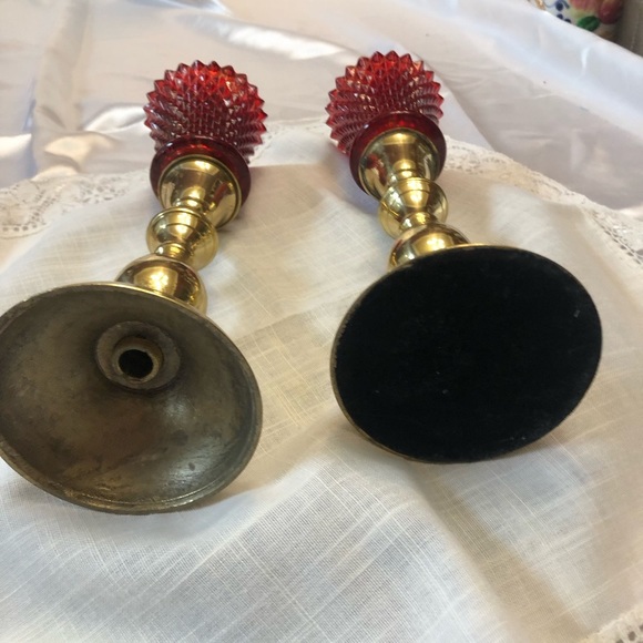 Vintage Set of Brass Candleholders and Ruby Red Votives - Picture 6 of 10